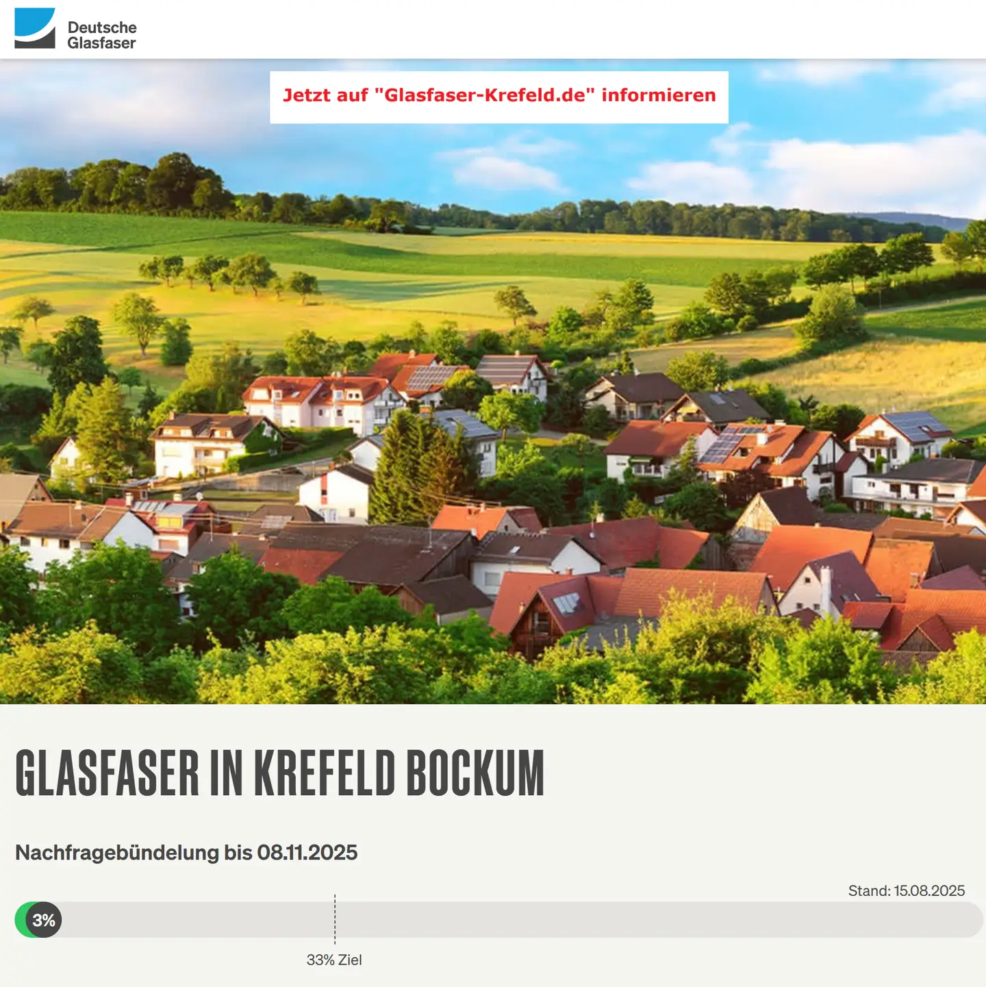 15.08.2025: Zahl der Woche für den Bereich Krefeld-Bockum Screenshot von "Deutsche Glasfaser", Landschaftsbild, Schriftzüge "Glasfaser in Krefeld-Bockum", Nachfragebündelung, Anzeige des aktuellen Stand
