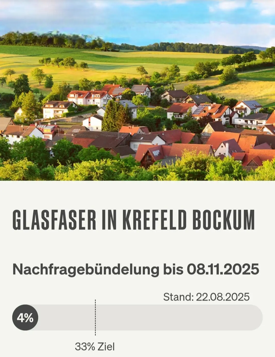 22.08.2025: Zahl der Woche für den Bereich Krefeld-Bockum Screenshot von "Deutsche Glasfaser", Landschaftsbild, Schriftzüge "Glasfaser in Krefeld-Bockum", Nachfragebündelung, Anzeige des aktuellen Stand