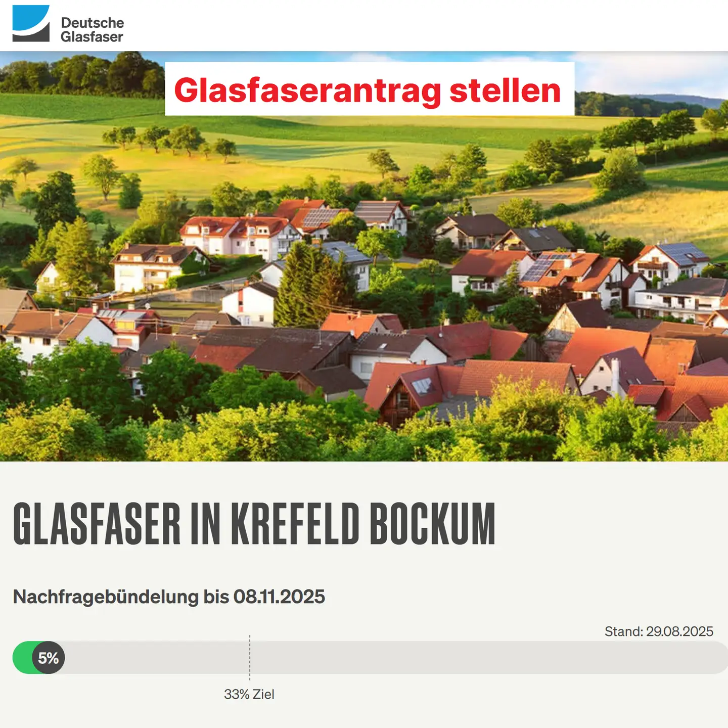 Screenshot von "Deutsche Glasfaser", Landschaftsbild, Schriftzüge "Glasfaser in Krefeld-Bockum", Nachfragebündelung, Anzeige des aktuellen Stand