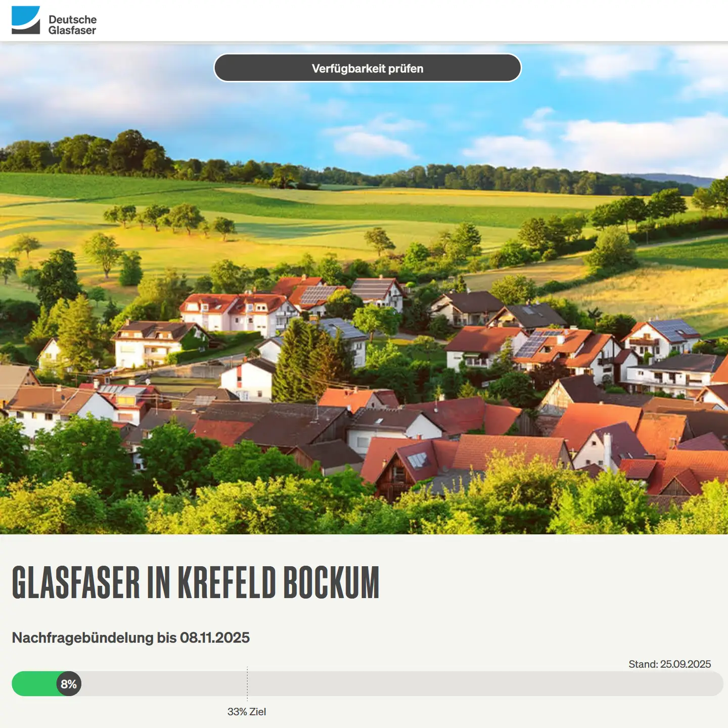 26.09.2025: Zahl der Woche für den Bereich Krefeld-Bockum Screenshot von "Deutsche Glasfaser", Landschaftsbild, Schriftzüge "Glasfaser in Krefeld-Bockum", Nachfragebündelung, Anzeige des aktuellen Stand