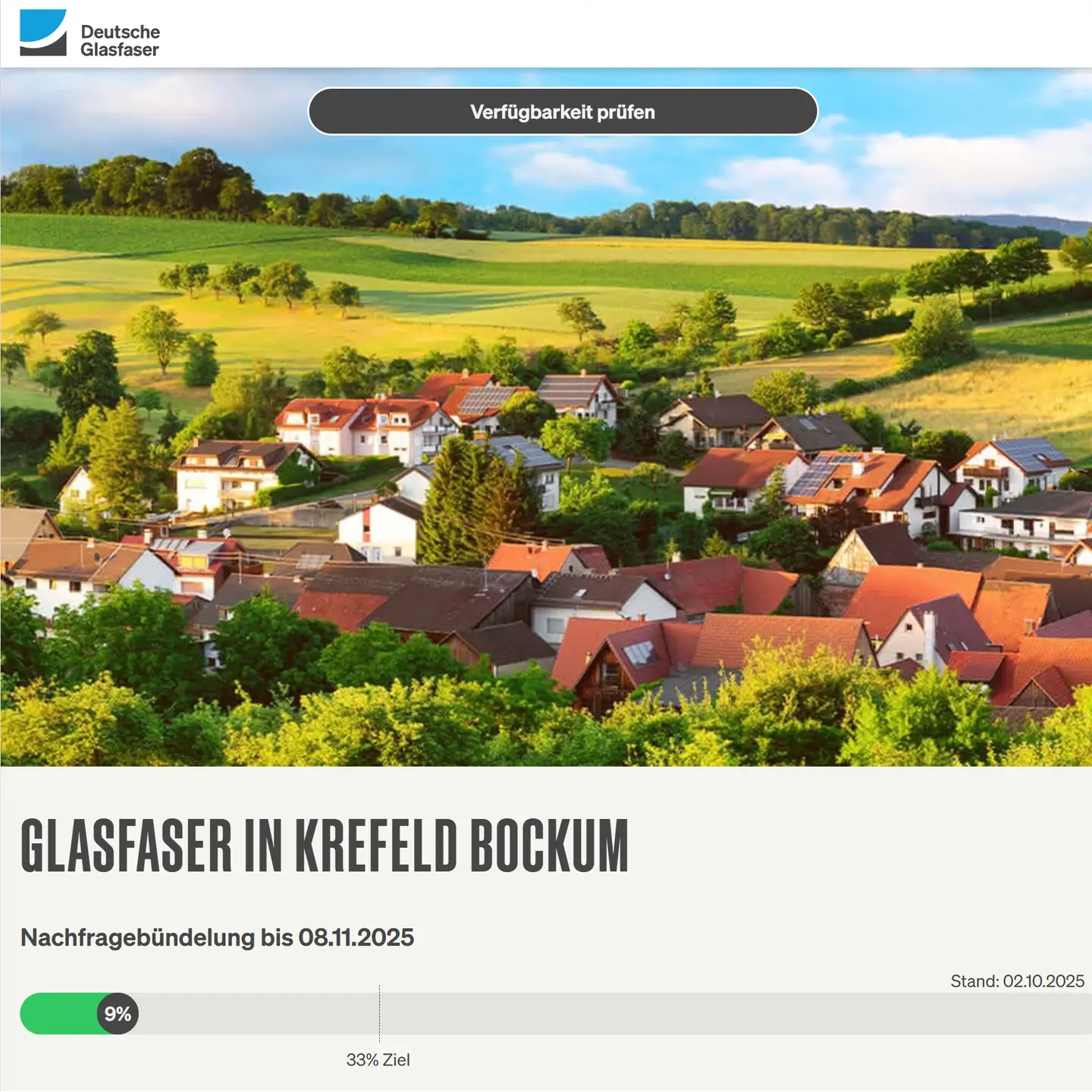 02.10.2025: Zahl der Woche für den Bereich Krefeld-Bockum Screenshot von "Deutsche Glasfaser", Landschaftsbild, Schriftzüge "Glasfaser in Krefeld-Bockum", Nachfragebündelung, Anzeige des aktuellen Stand