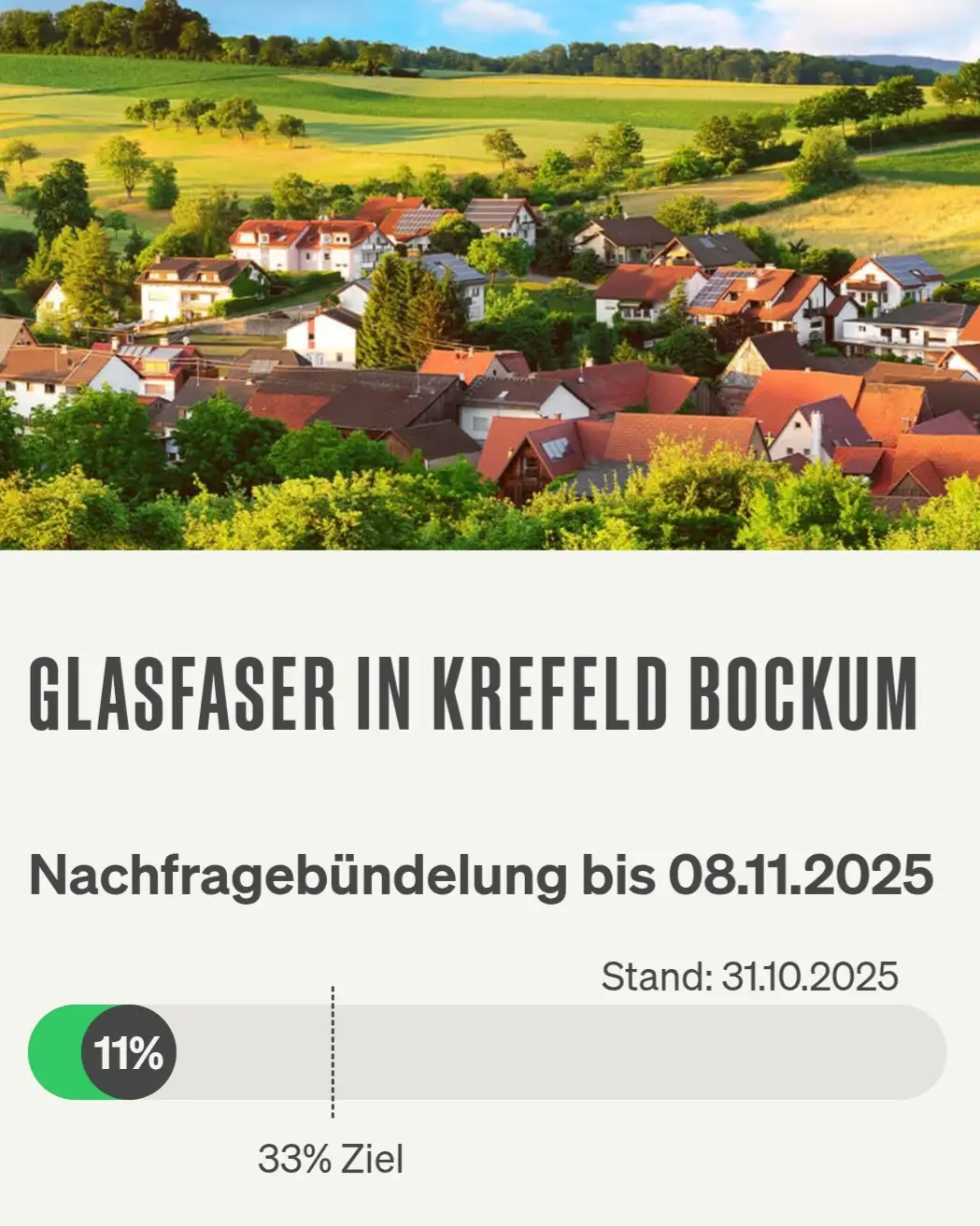 31.10.2025: Zahl der Woche für den Bereich Krefeld-Bockum Screenshot von "Deutsche Glasfaser", Landschaftsbild, Schriftzüge "Glasfaser in Krefeld-Bockum", Nachfragebündelung, Anzeige des aktuellen Stand