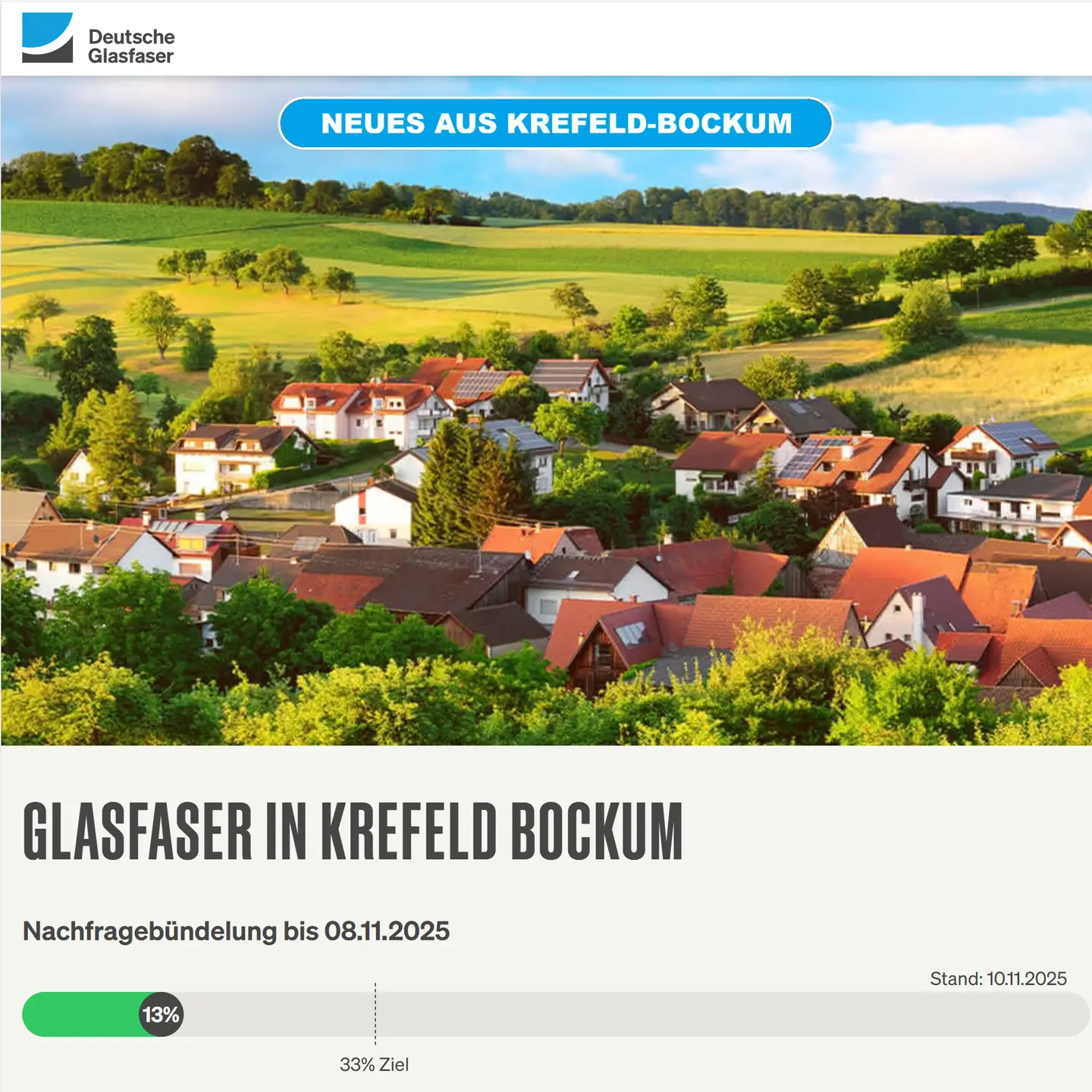 Screenshot von "Deutsche Glasfaser", Landschaftsbild, Schriftzüge "Glasfaser in Krefeld-Bockum", Nachfragebündelung, Anzeige des aktuellen Stand