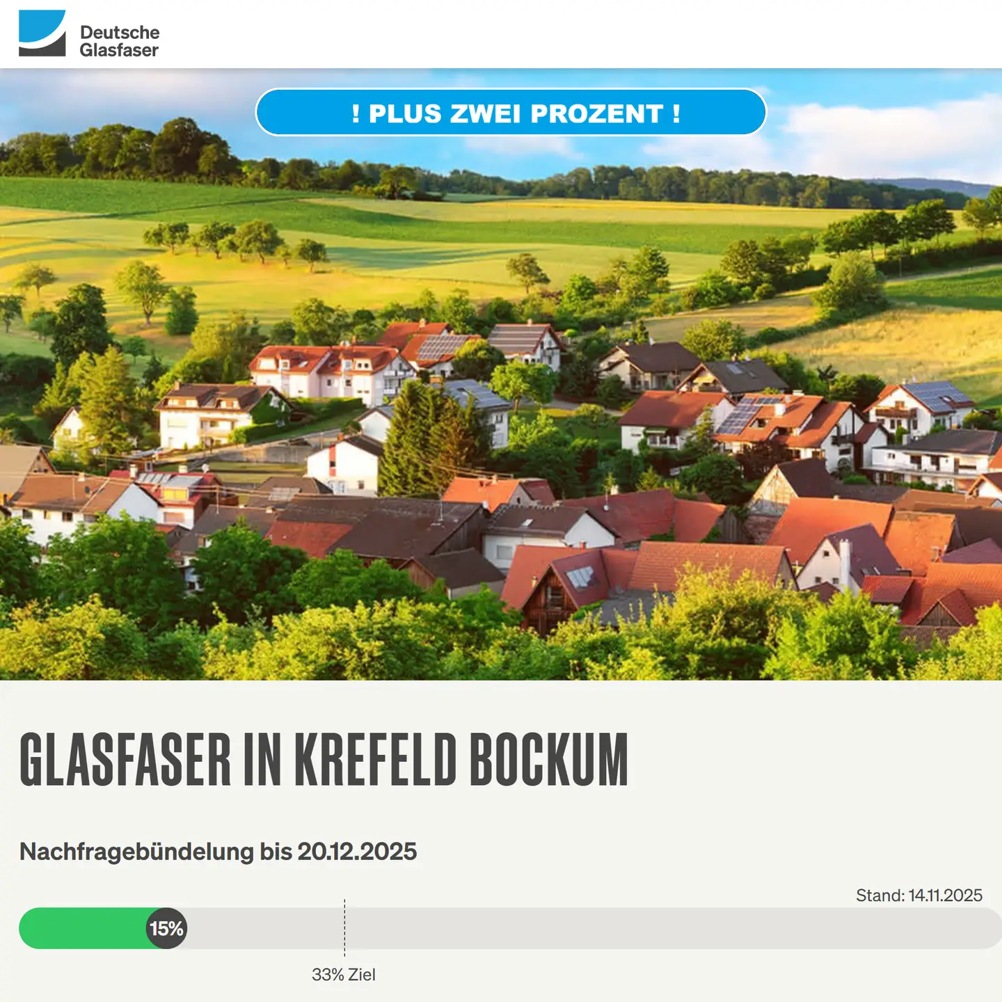 14.11.2025: Zahl der Woche für den Bereich Krefeld-Bockum Screenshot von "Deutsche Glasfaser", Landschaftsbild, Schriftzüge "Glasfaser in Krefeld-Bockum", Nachfragebündelung, Anzeige des aktuellen Stand