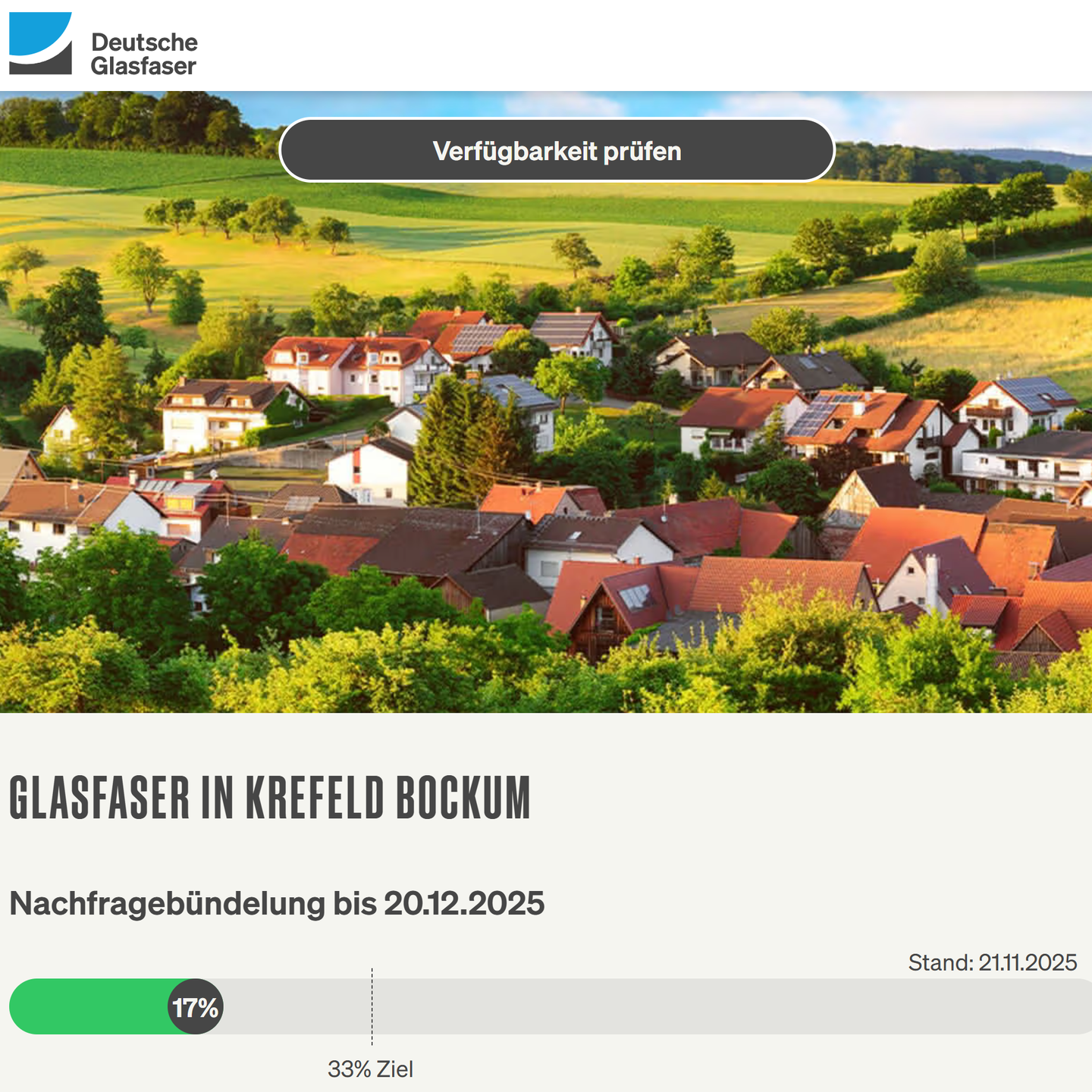 Screenshot von "Deutsche Glasfaser", Landschaftsbild, Schriftzüge "Glasfaser in Krefeld-Bockum", Nachfragebündelung, Anzeige des aktuellen Stand