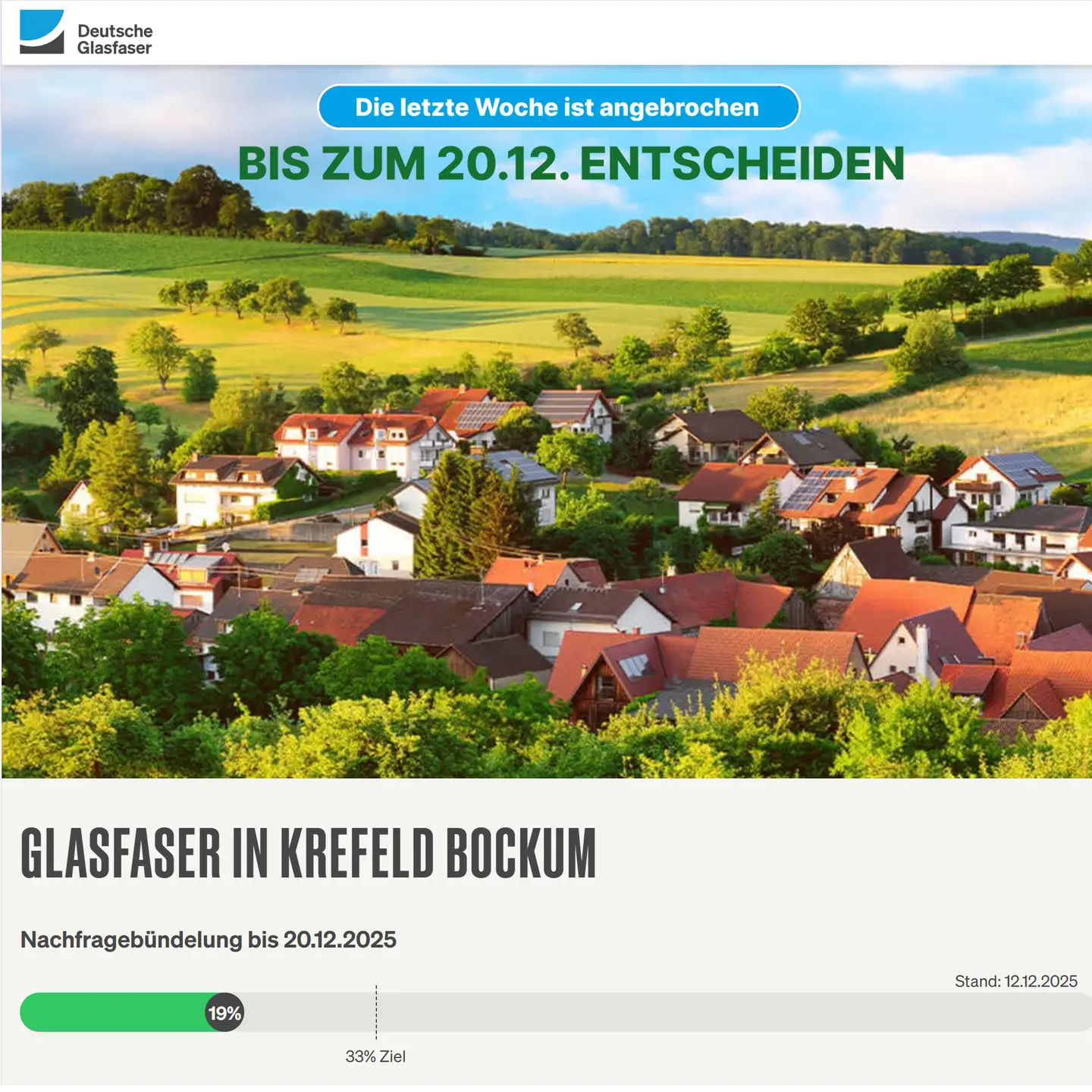 Screenshot von "Deutsche Glasfaser", Landschaftsbild, Schriftzüge "Glasfaser in Krefeld-Bockum", Nachfragebündelung, Anzeige des aktuellen Stand