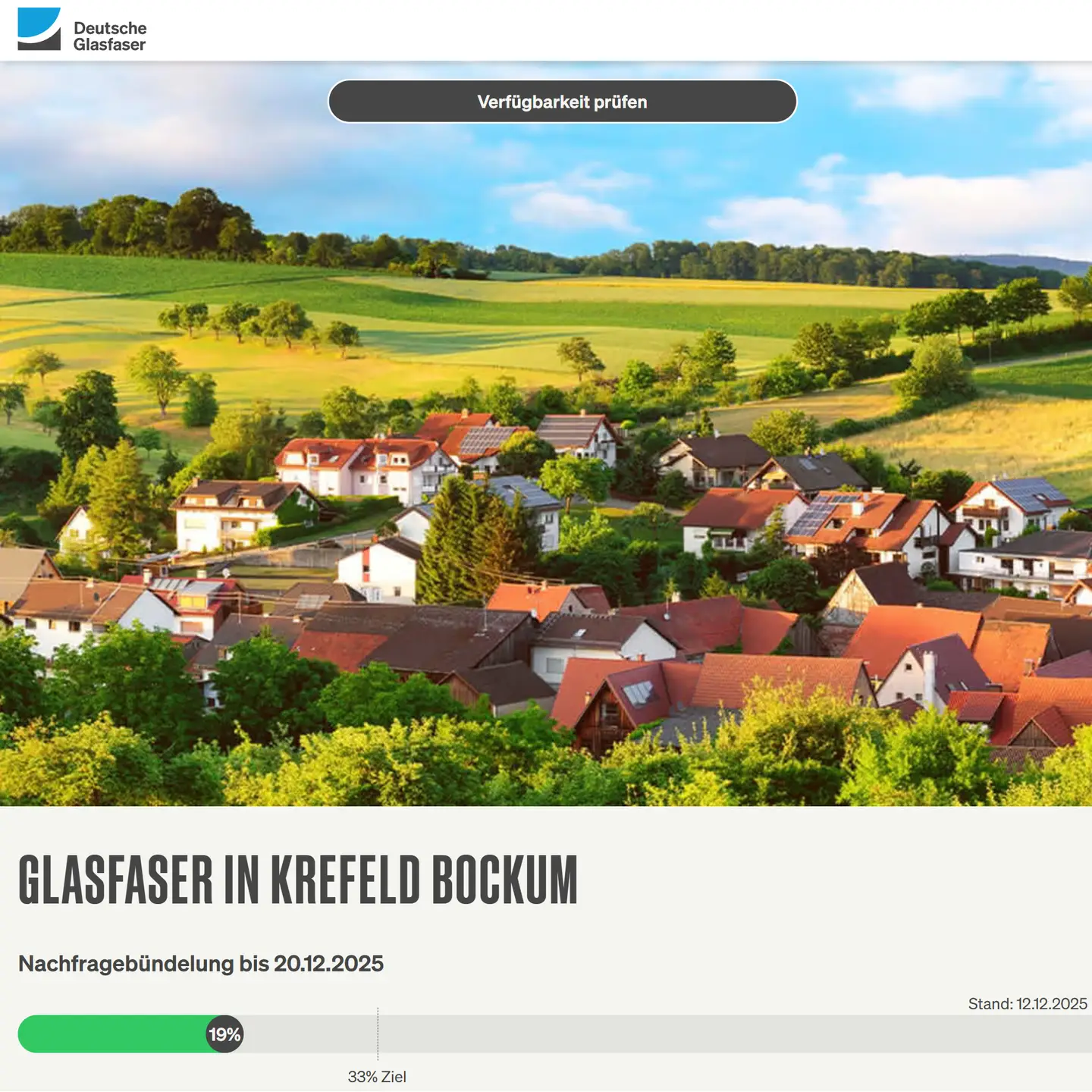 Screenshot von "Deutsche Glasfaser", Landschaftsbild, Schriftzüge "Glasfaser in Krefeld-Bockum", Nachfragebündelung, Anzeige des aktuellen Stand