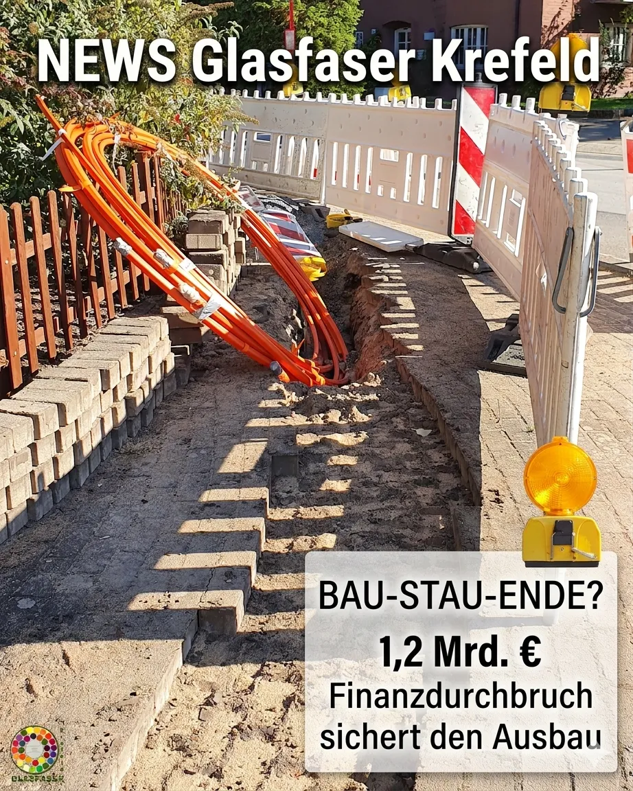 Blick auf eine Krefelder Glasfaserbaustelle mit Graben und orangefarbenen Rohren. Das Bild enthält Texteinschübe: Oben 'NEWS Glasfaser Krefeld' und unten rechts 'BAU-STAU-ENDE? 1,2 Mrd. € Finanzdurchbruch sichert den Ausbau'. Ein Logo-Wasserzeichen ist links unten zu sehen.