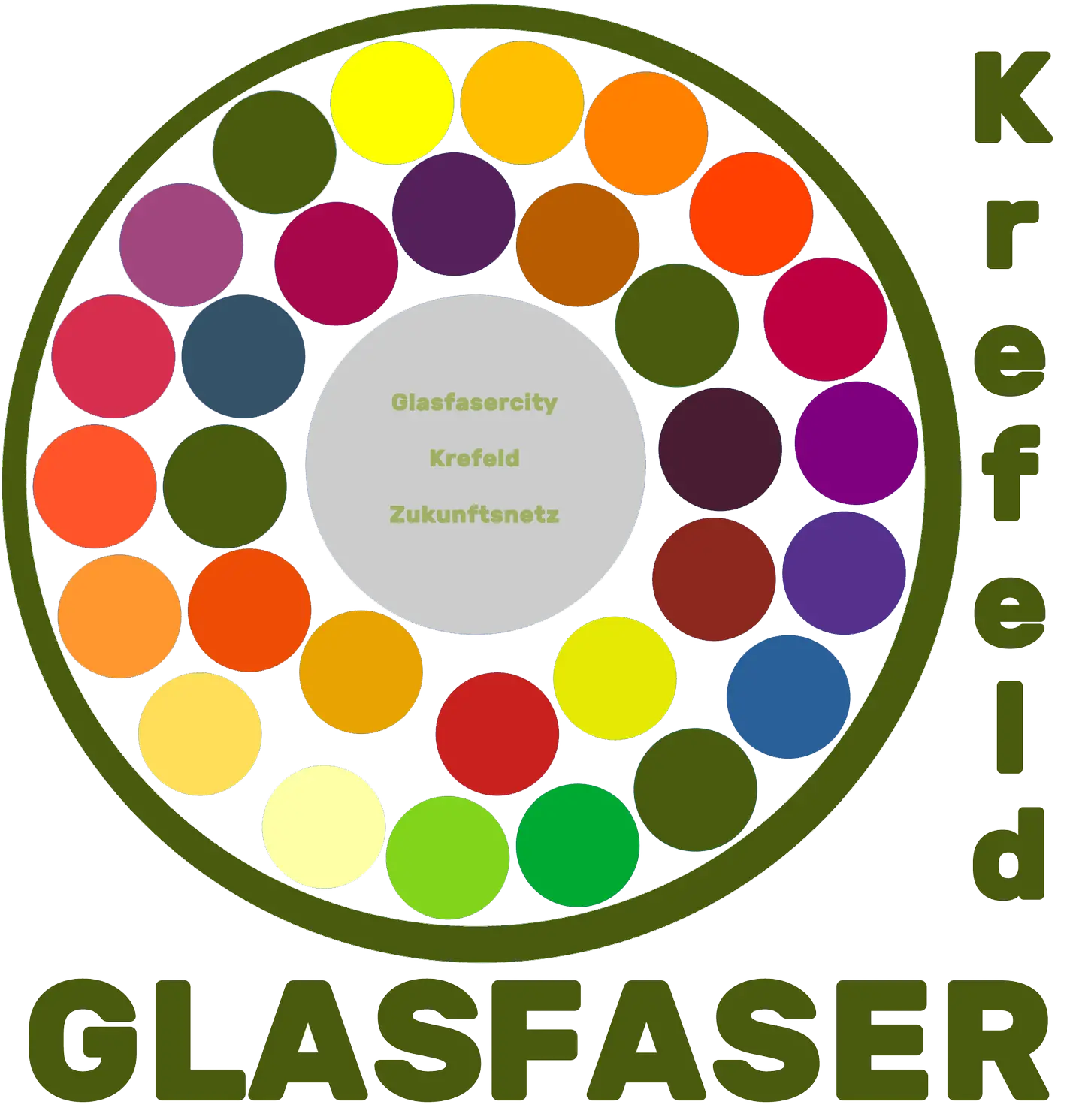 Logo "PRO Glasfaser Krefeld" Kreis mit angedeuteten Glasfaserlitzen und 2x Text "Glasfasercity Krefeld Zukunftsnetz" sowie Schriftzug "Glasfaser Krefeld"